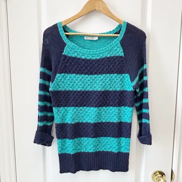 Ricki’s Striped Blue Teal Sweater Lightweight Cotton Open Weave Size Small - Picture 2 of 14
